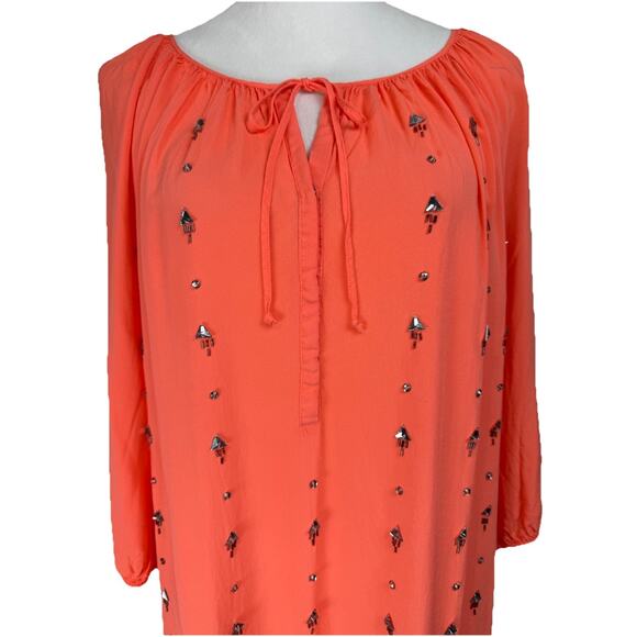 J. C. Penney Tops - JCP Women’s Top Tunic L Coral Rhinestones 3/4 Sleeves Lightweight Flowy Beach